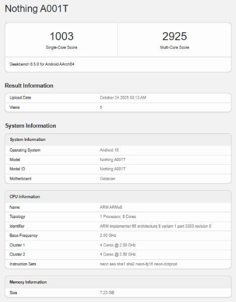Nothing Phone (3a) Lite geekbench